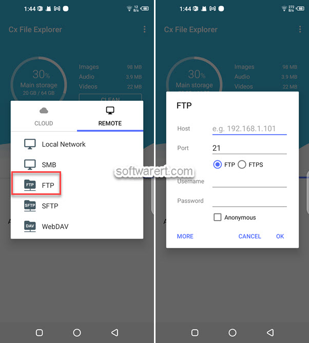 Connect FTP server on Android mobile using CX file explorer app