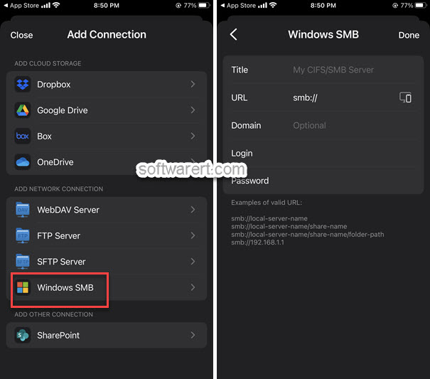 iPhone access Windows share using Documents app