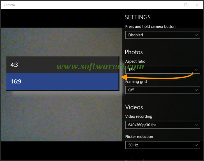 change aspect ratio in camera app on windows 10 computer