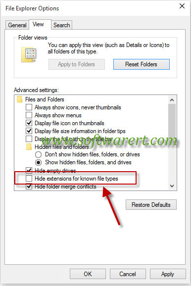 disable hide extensions for known file types in windows 10 from file explorer options