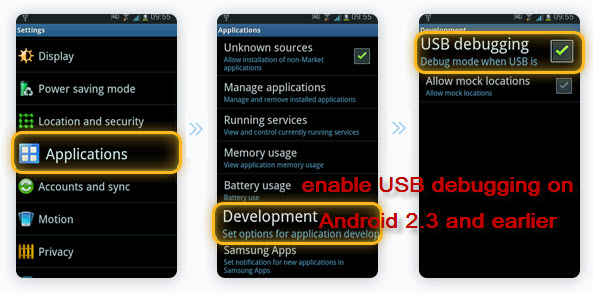 enable USB debugging on Android 2.3 and earlier