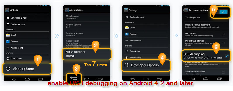 enable USB debugging on Android 4.2 to 5.2