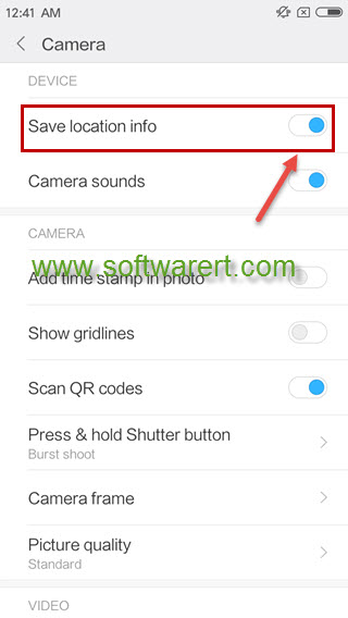 enable disable camera app to save location info on photos and videos on xiaomi redmi phone