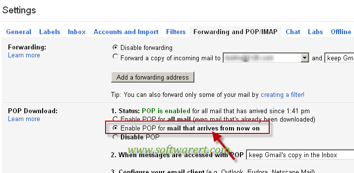 enable pop download for new emails in Gmail that arrives from now on