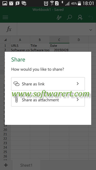 excel worksheet share options on android phone