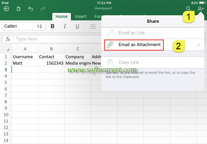 excel workbook share option - email Excel as attachment from ipad