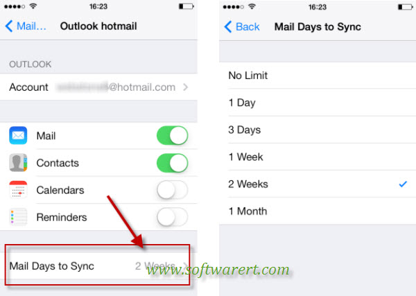 limit mail days to sync from hotmail to iphone
