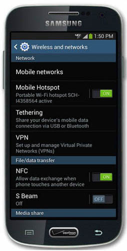 samsung galaxy wireless and networks settings