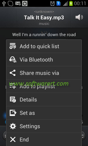samsung mobile music player menu and settings