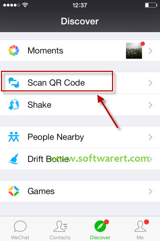 scan qr code in wechat for iphone from discover tab