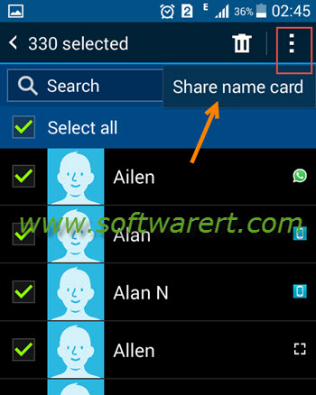 select and share name card on samsung mobile phone