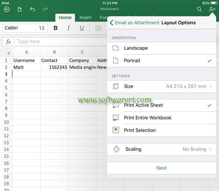 send excel as pdf attachment through email on iPad - layout options